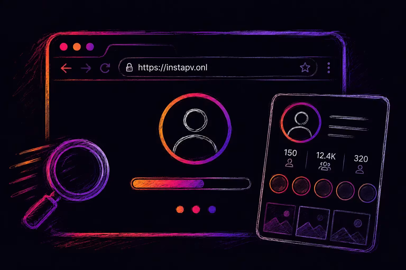 Illustration of InstaPV loading a public Instagram profile to display Stories and follower information.