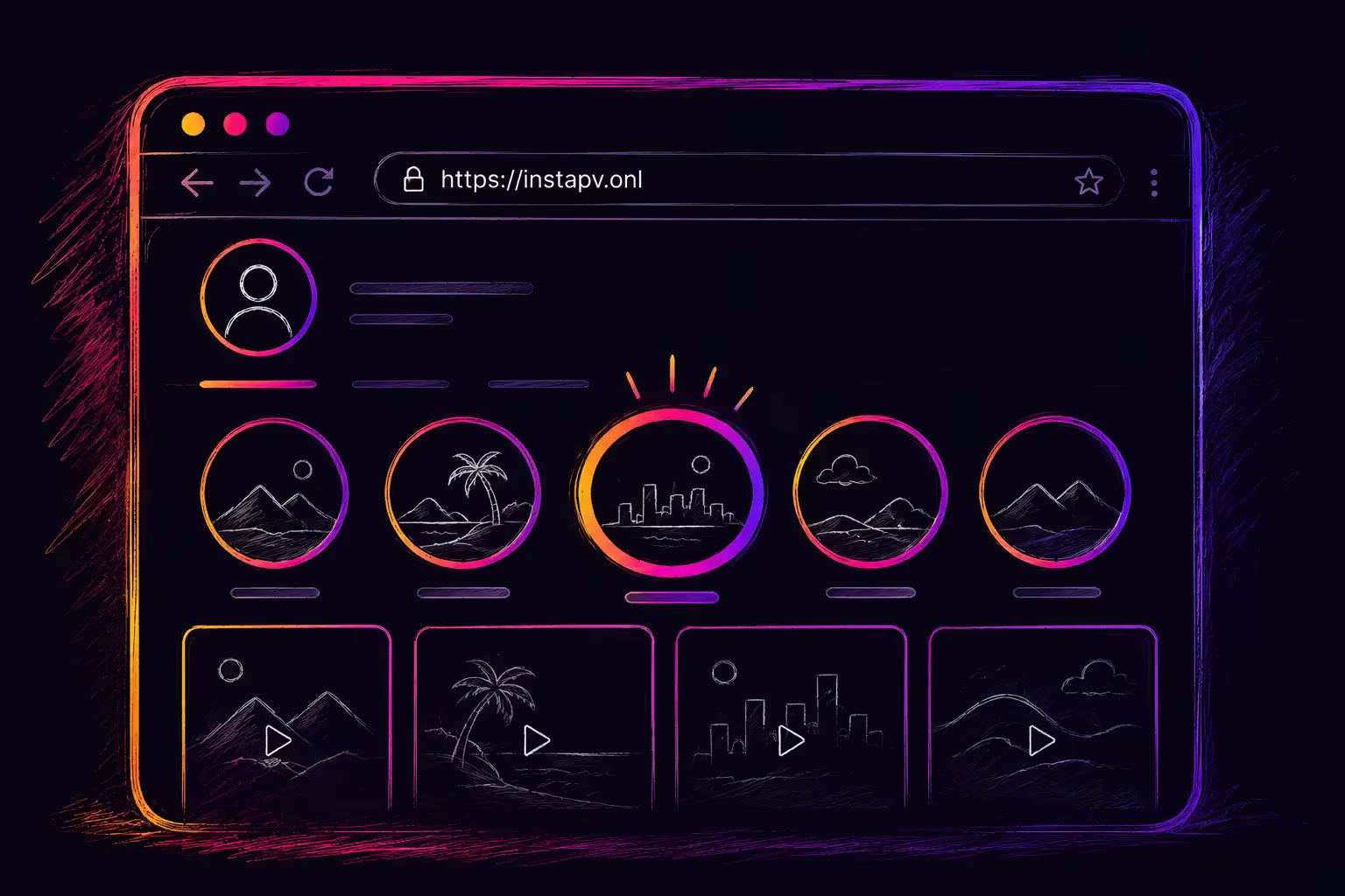 Illustration showing public Instagram Stories and follower information displayed through the InstaPV browser-based viewer.